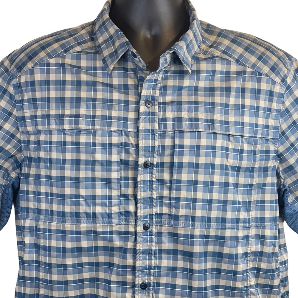 REI Button Up Shirt Mens XL Blue Gray Plaid Shirt Short Sleeve Hiking Vented